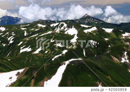 北アルプス水晶岳（黒岳）山頂からの山々　裏銀座コース　三俣蓮華岳、笠ヶ岳遠景 42503959