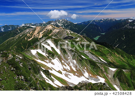 北アルプス水晶岳山頂からの山々　立山連峰、剣岳、後立山連峰、黒部湖遠景 42508428