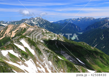 北アルプス水晶岳山頂からの山々　立山連峰、剣岳、後立山連峰、黒部湖遠景 42508430