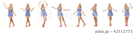 Caucasian woman in plaid blue dress isolated on white 42511773