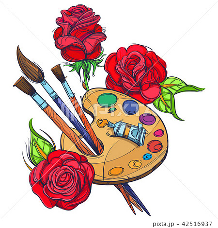 Artist paint palette with brush, art materials - Stock Illustration  [101305664] - PIXTA