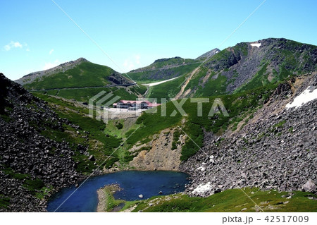 7月の乗鞍、魔王岳から見た亀ヶ池（撮影地：乗鞍、畳平 魔王岳） 42517009