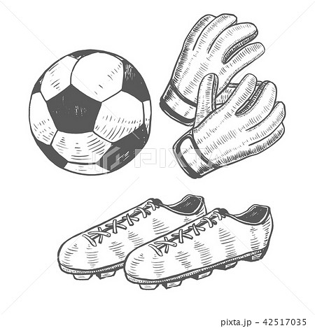 Football Ball Gloves And Shoes In Hand Drawn Styleのイラスト素材