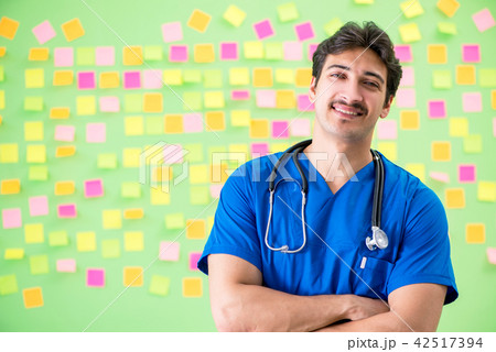 Young doctor with many reminders and urgent work Young doctor with many reminders and urgent work 42517394