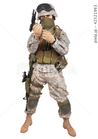 US soldier with handgun on white background 42521963