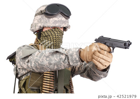 US soldier with handgun on white background 42521979
