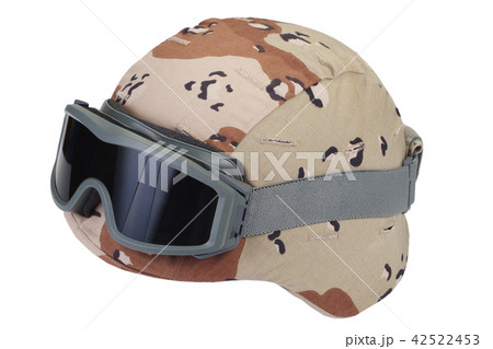 kevlar helmet with a camouflage cover and protective goggles kevlar helmet with a camouflage cover and protective goggles 42522453