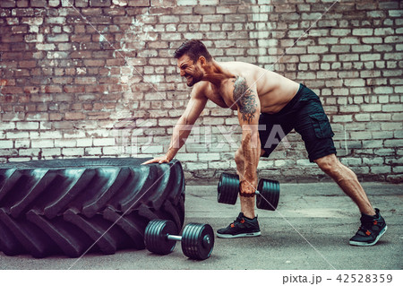 Athletic man working out with a dumbbell. Strength and motivation. Exercise for the muscles of the 42528359