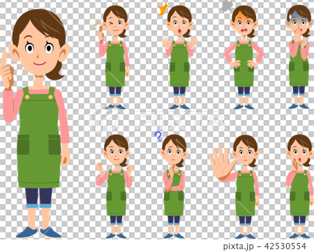 9 different gestures and expressions of a woman wearing an apron_full body 42530554