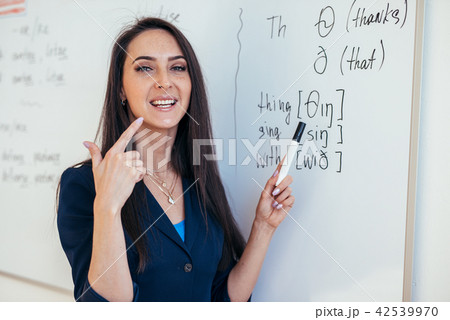 English lesson Teacher shows how to pronounce the sounds English lesson Teacher shows how to pronounce the sounds 42539970