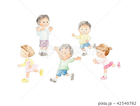遊び 子供5人 手描き水彩のイラスト素材
