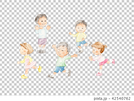 遊び 子供5人 手描き水彩のイラスト素材