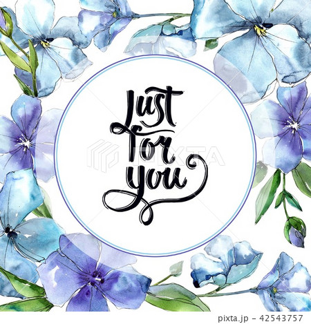 Watercolor blue flax flower. Floral botanical flower. Frame border ornament square. 42543757
