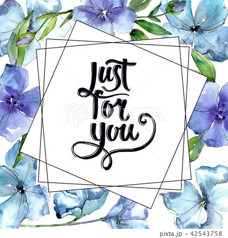 Watercolor blue flax flower. Floral botanical flower. Frame border ornament square. 42543758