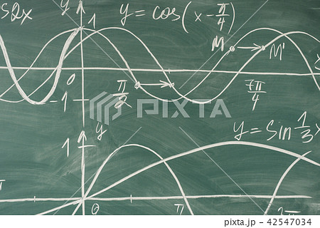 School math lesson. Trigonometry. Chalkboard Function graphs. 42547034