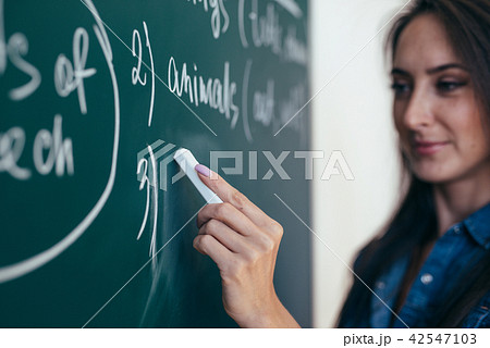 The teacher writes English rules on the blackboard. Learn language 42547103