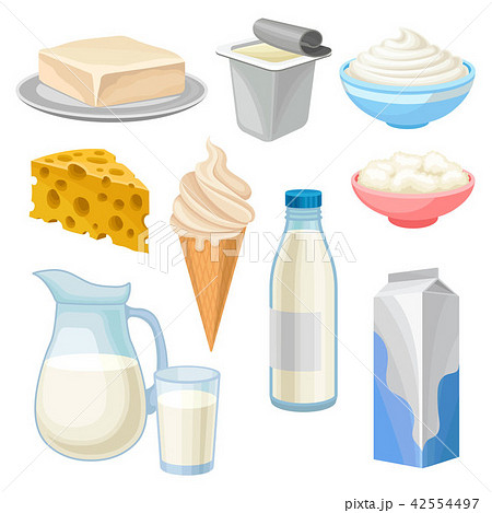 Dairy products set, butter, yogurt, bowl of sour cream and cottage cheese, ice cream, jug and glass 42554497