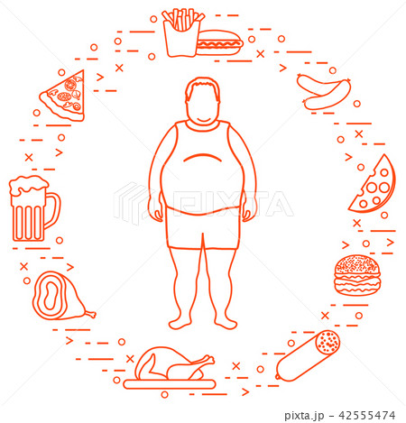 Fat man with unhealthy lifestyle symbols around 42555474