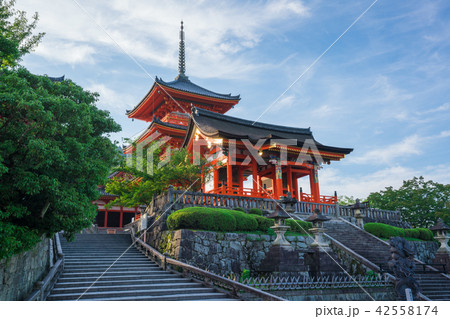 京都　清水寺の西門と三重塔　 42558174