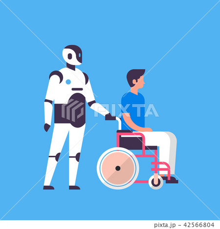 bot helper hold man wheelchair medical care personal assistant chat bubble communication robot 42566804