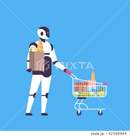 robot holding shopping cart house bot helper concept artificial intelligence blue background flat 42566984