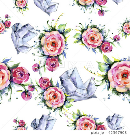Watercolor bouquet pink peony flowes. Floral botanical flower.Seamless background pattern. 42567908