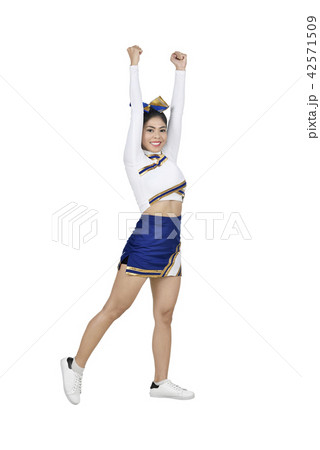 Young asian cheerleader in blue and white suit Young asian cheerleader in blue and white suit 42571509