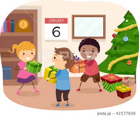 Stickman Kids January Gift Giving Illustration 42577030