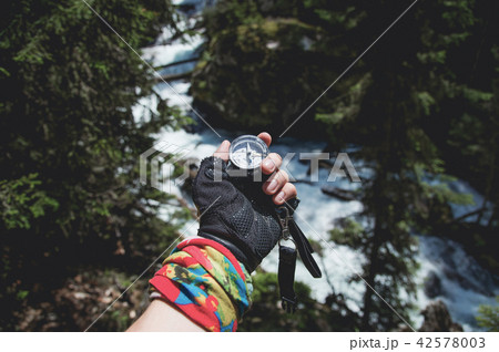 A gloved hand holds a magnetic compass against the background of a coniferous forest and mountain 42578003