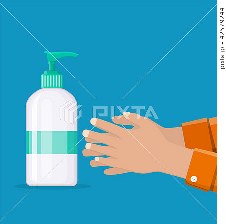 Bottle with liquid soap and hands. Bottle with liquid soap and hands. 42579244