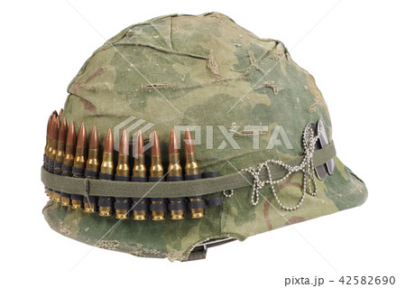 US Army helmet with camouflage cover and ammo belt US Army helmet with camouflage cover and ammo belt 42582690