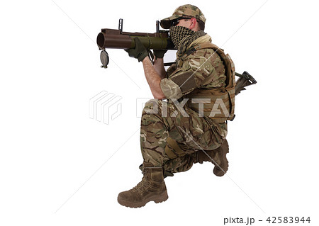 Private Military Company operator with RPG rocket launcher isolated on white 42583944