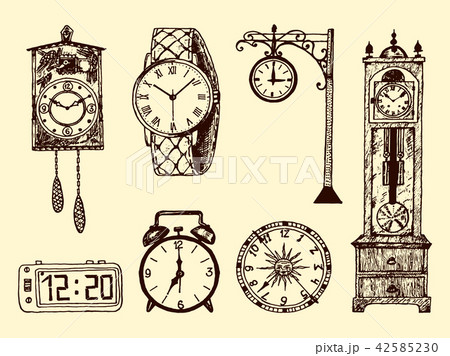 Vintage classic pocket watch, alarm clock, hourglass and dial showing time. Ancient collection 42585230