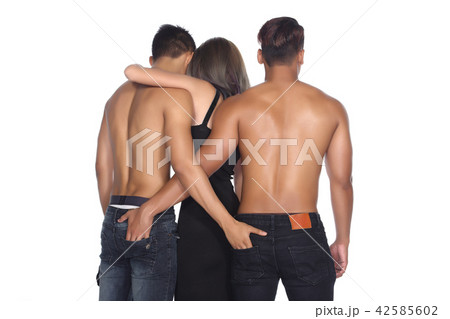 Back view of threesome love friends of two men and Back view of threesome love friends of two men and 42585602