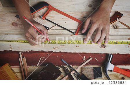 Top View of Carpenter Working in Woodworking 42586684