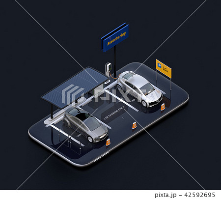 スマートフォンにソーラーパネル、充電設備完備の駐車場。カーシェアリングのコンセプト 42592695