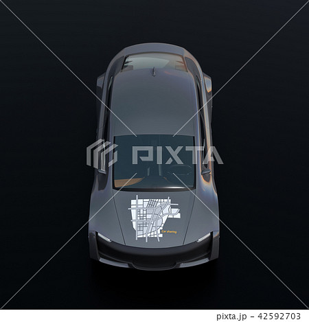 黒バックにメタリックグレイの電気自動車の正面イメージ 黒バックにメタリックグレイの電気自動車の正面イメージ 42592703