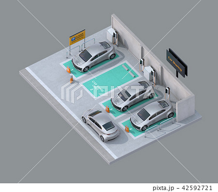 カーシェアリング専用駐車場に充電している電気自動車のアイソメイメージのイラスト素材