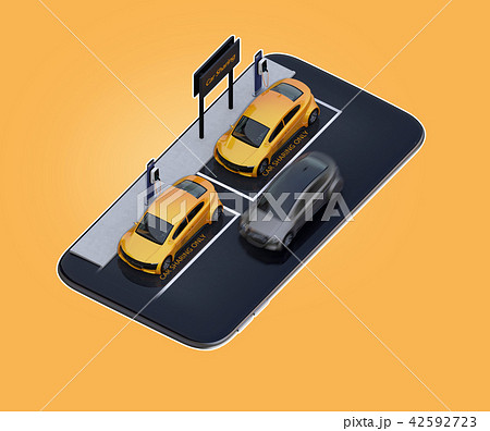 スマートフォンにカーシェアリング専用駐車場にある電気自動車のイメージ 42592723