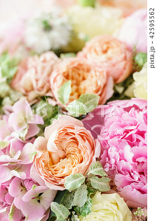 Close-up beautiful spring bouquet. flower arrangement with hydrangea and peonies. Color light pink Close-up beautiful spring bouquet. flower arrangement with hydrangea and peonies. Color light pink 42595562