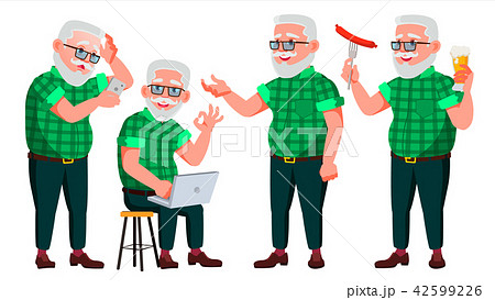 Old Man Poses Set Vector. Elderly People. Senior Person. Aged. Caucasian Retiree. Smile. Web, Poster 42599226