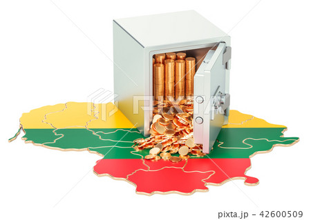 Safe box with golden coins on the map of Lithuania 42600509