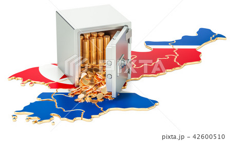 Safe box golden coins on the map of North Korea 42600510
