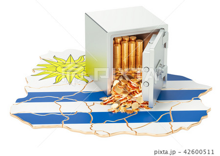 Safe box with golden coins on the map of Uruguay 42600511