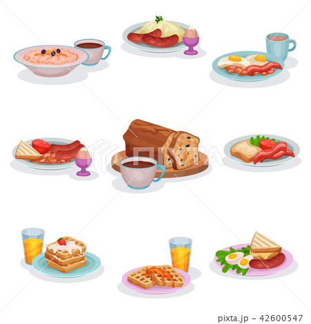 Traditional English breakfast dishes set, oatmeal porridge, mashed potatoes with sausages, eggs and 42600547