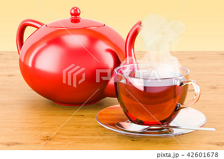 Cup of tea with teapot on the wooden table Cup of tea with teapot on the wooden table 42601678