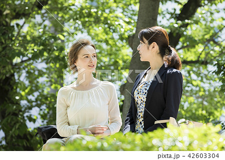 外国人女性と会話する日本人女性 外国人女性と会話する日本人女性 42603304