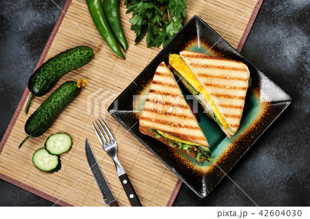 Top view of Sandwich toast with lettuce, ham, egg 42604030