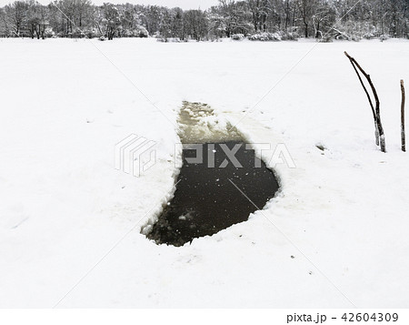 ice hole in frozen lake and view of park in winter ice hole in frozen lake and view of park in winter 42604309