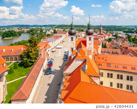 Aerial view of Telc with main square and towers of church of the Holy Name of Jesus, Czech Republic Aerial view of Telc with main square and towers of church of the Holy Name of Jesus, Czech Republic 42604433